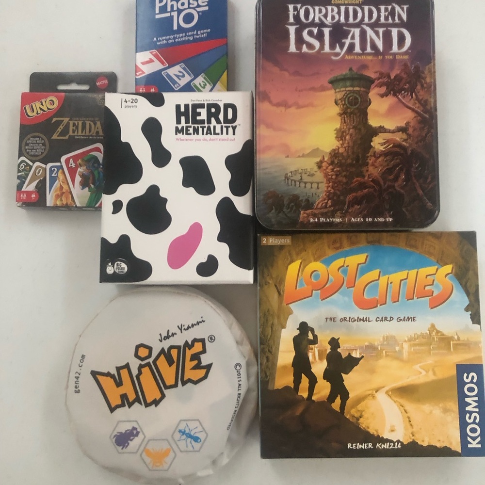 Card Game Bundle - Hive, Lost Cities, Forbidden Island, Zelda Uno & Phase 10